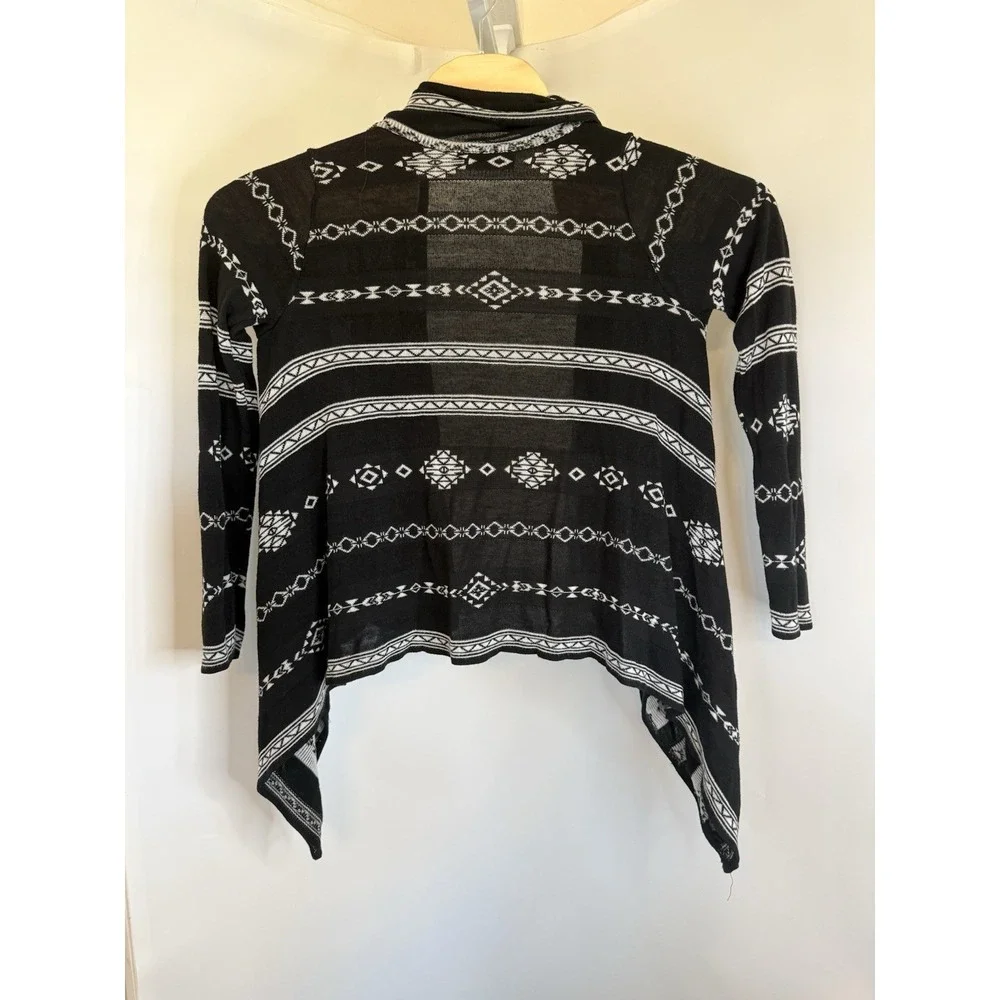 Say What Womens Cardigan Open Front Size S‎ Black And White Diamond Stripe EUC
